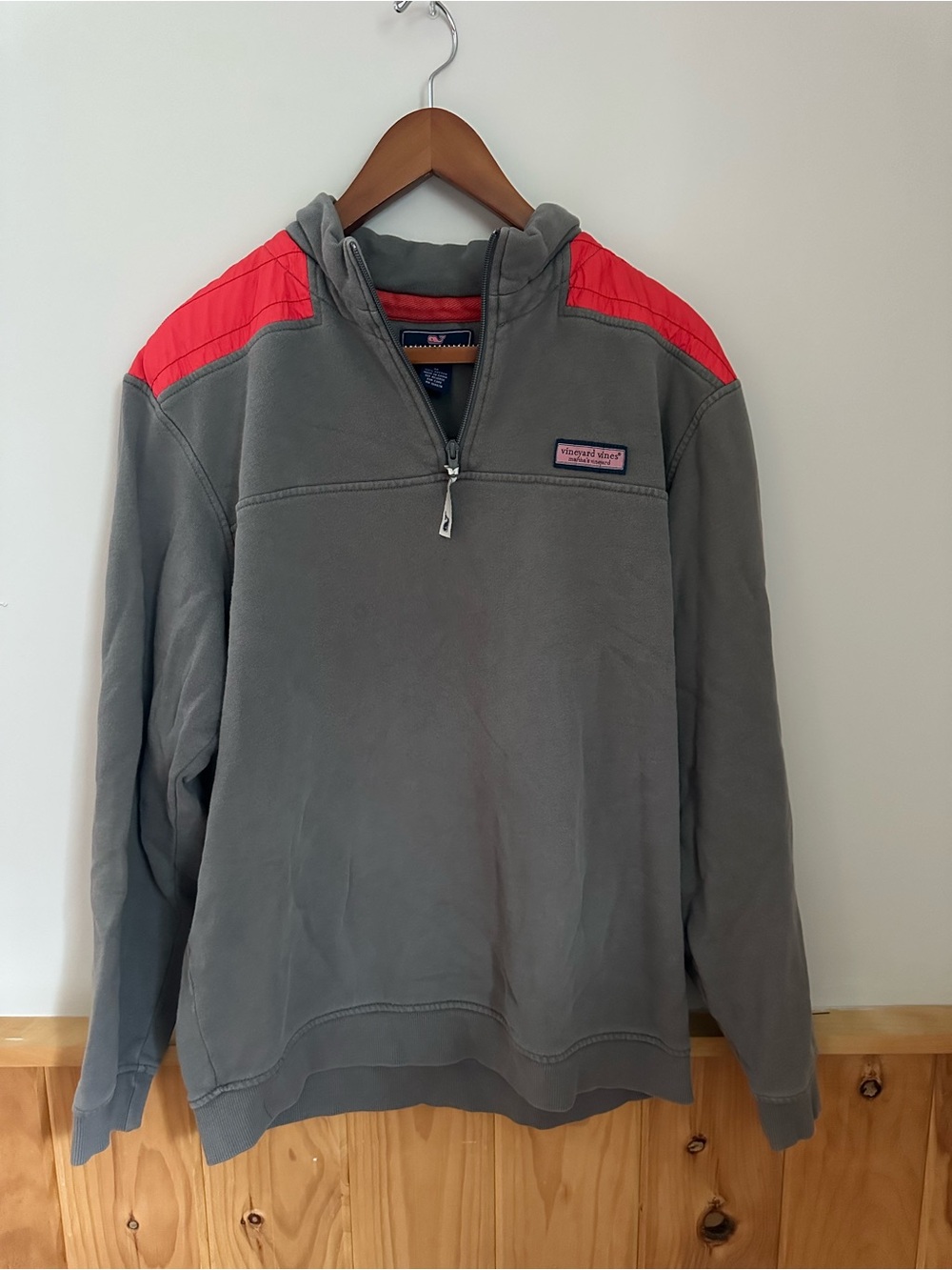 Vineyard Vines Gray Quarter-Zip Pullover with Red Shoulder Panels